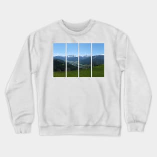 A great view of the Dolomites from a hill over the valley in South Tyrol. Lovely and relaxing place in the Italian Alps. Flowering fields and snowed mountains.. Sunny spring day. Crewneck Sweatshirt